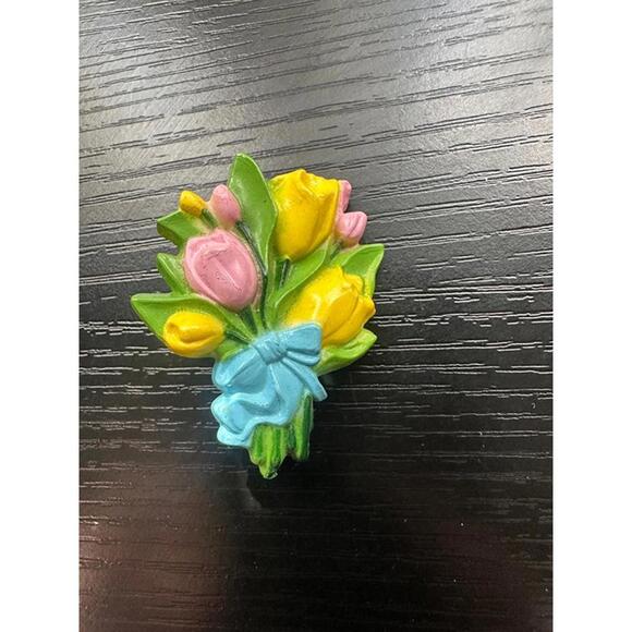 Other - Vintage Easter Tulip Bouquet Brooch Pin Pastel Spring Flowers with Blue Ribbon